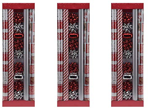made2trade 3X 13 Teiliges Geschenkpapier-Set - 4X 200x70cm - Rot-Silber
