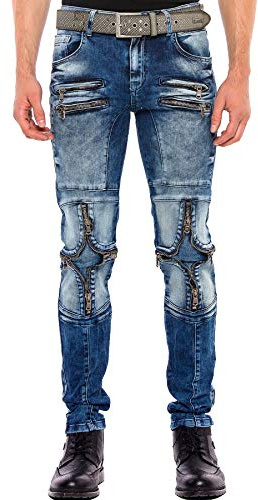 Cipo & Baxx Herren Jeans Hose Regular Fit Biker Denim Verwaschen Reißverschluss 5-Pocket Jeanshose Blau W32 L34