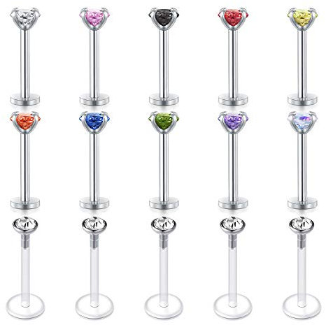 Rajnard 15er 16G 10mm Lippenpiercing Stecker Edelstahl & Bioflex mit Diamant Tragus Helix Ohrring Labret Studs Piercing Schmuck
