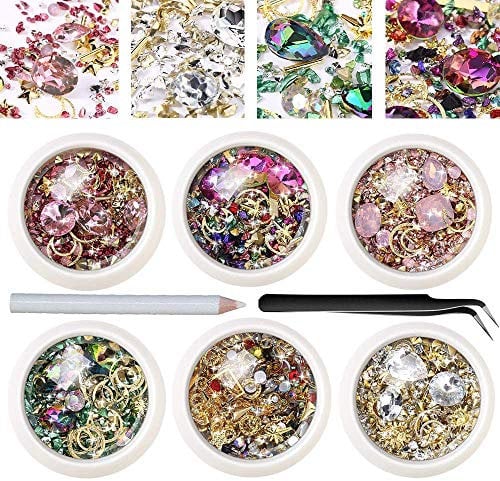 6 Boxes Mixed Nail Art Rhinestones Diamonds Crystals Beads Gems with Tweezer for 3D Nails Art Decoration Nail Art Supplies