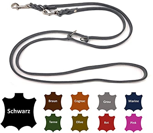 Hundeleine Fettleder kleine Hunde/große Hunde 2m / 2,40m / 2,80m / 3,50m / 5m Doppelleine verstellbar (2,40m X 12mm, Grau)