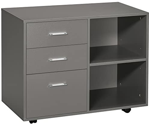 HOMCOM Freestanding Printer Stand Unit Office Desk Side Mobile Storage w/Wheels 3 Drawers, 2 Open Shelves Modern Style 80L x 40W x 65H cm - Grey