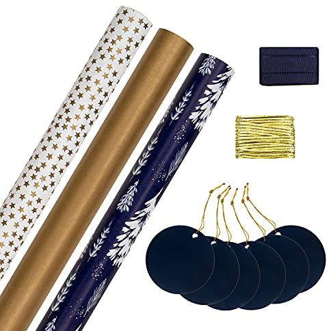 Hallmark Christmas Wrapping Paper, 3-Pack, Gold, Blue, White, 2M Each | 6 Gift Tags, 2 Raffia Ribbons, Compendium Set, 70x200cm, Cutting Grid, Tag 9x4.5cm