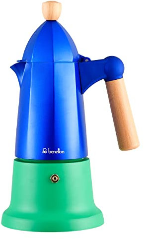 UNITED COLORS OF BENETTON. Rainbow | Caffettiera per 6 Tazze | Caffettiera in Alluminio con Manico di Legno | Design Bicolore Blu/Verde | Pulizia Facile