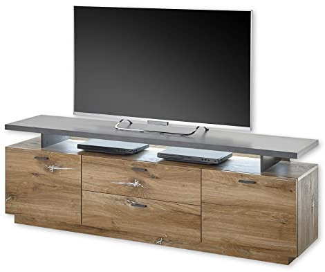 Stella Trading Kingston TV-Lowboard mit Schubladen in Flagstaff Eiche Optik, Graphit - TV Schrank mit Beleuchtung für Ihr Wohnzimmer - 175 x 58 x 38 cm (B/H/T)