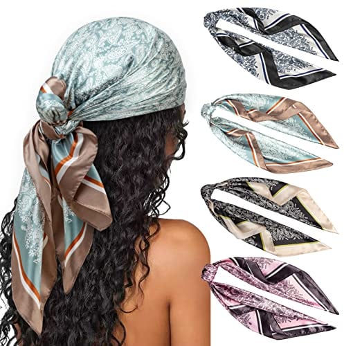 DRESHOW 90x90cm Große Quadratische Schals für Damen 4 Stück Seide Kopftuch Bandanas Haartuch Halstuch Haarschmuck