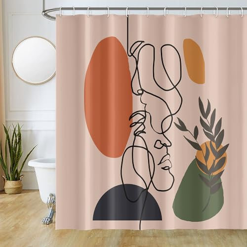 Uiiooazy Rideau Douche Visage Abstrait, Rideau de Douche Anti Moisissure Terracotta Géométrique Rideaux de Baignoire Tissu Imperméable Lavable Rideaux Salle de Bain avec 12 Crochets 180x180cm