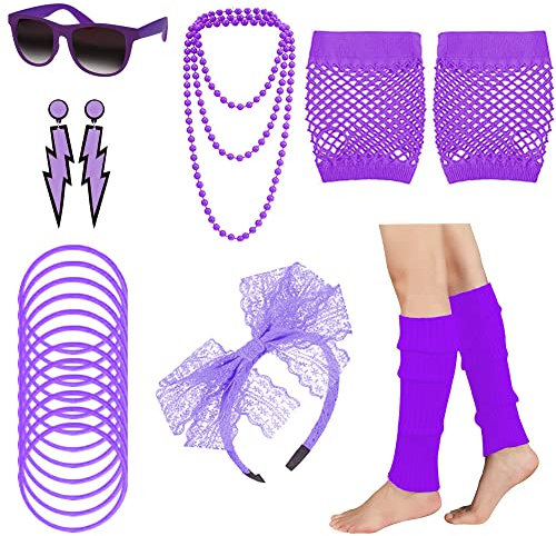 80er Jahre Outfit Damen 80er Jahre Accessoires, 80er 90er Jahre KostüM Damen Kinder Party Neon Accessoires Spitzenstoff Stirnband Ohrringe Brille 80er Netzhandschuhe ArmbäNder Halsketten Beinlinge