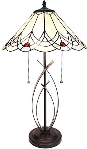 Clayre & Eef Tiffany Tischlampe Ø 39x69 cm Beige Glas Kunststoff Rund Schreibtischlampe Tiffany