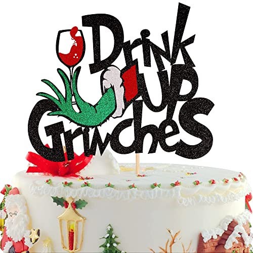 1 Stück Drink Up Glitter Merry Christmas Kuchen Topper Weihnachtsbaum Santa Hut Kuchendekoration Frohe Weihnachten Thema Happy New Year Party Dekorationen Zubehör