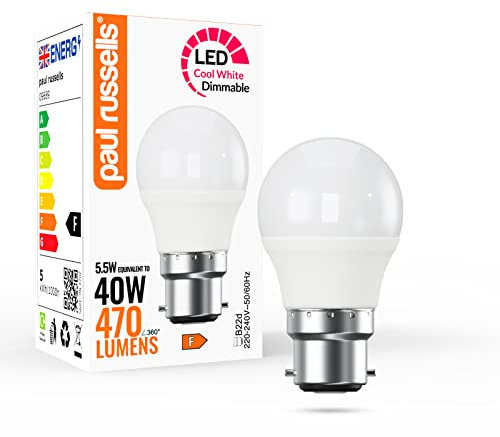 paul russells LED Golf Ball – Dimmable Bayonet Fitting Light, 5.5W 470 LM B22 G45 LED Bulbs, 40w Equivalent, 4000K Cool White/Natural White, Dimmer BC Energy Saving Ceiling Lightsbulbs, Pack of 1