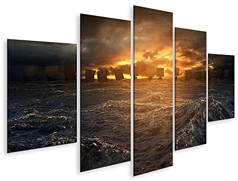 Bild auf Leinwand Wikinger Schiffe Unter Sturm Horizont Stürmischer Ozean Kinderzimmer Leinwandbild Wandbild Prime Bilder für Wohnzimmer etc.