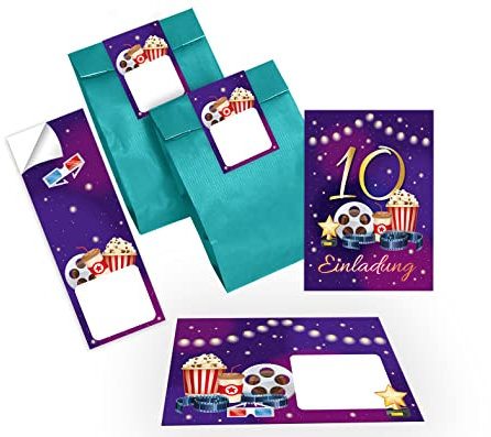 12 Einladungskarten zum 10. Kindergeburtstag Kino zehnte Geburtstag Mädchen Jungen Cinema Kino-Party incl. 12 Umschläge, 12 Tüten/petrol, 12 Aufkleber