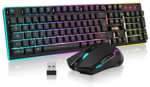 RedThunder K10 Kabellose Gaming-Tastatur und Maus, LED-Hintergrundbeleuchtung, wiederaufladbarer Akku mit 3800 mAh, mechanisches Gefühl, Anti-Ghosting + 7D 3200 DPI-Maus, QWERTY-Layout, PC-Spieler