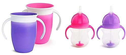 Munchkin Miracle 360 Sippy Cup, Trainer Toddler Cup & Toddler Cups 7oz/207ml, 2 Pack,Pink/Purple & Click Lock Tip & Sip Straw Cup Set, Baby & Toddler Sippy Cups with Straw, 2 Pack, Pink/Purple