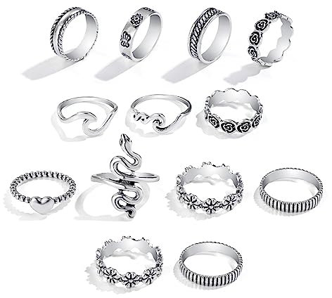 Jitnga 13 Stück Knuckle Rings Set Für Frauen Mädchen Schlangenkette Stapelring Vintage Boho Midi Ringe Größe Gemischt Einstellbare Punk Ring Set (Silber)