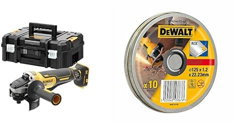 DEWALT - Meuleuse Brushless XR 18V 5Ah Li-Ion - DCG406NT-XJ - Meuleuse sans Fil avec Interrupteur à Palette & Boîte de 10 Disques à Tronçonner Standards en Acier - Dimensions 125 x 1,2mm