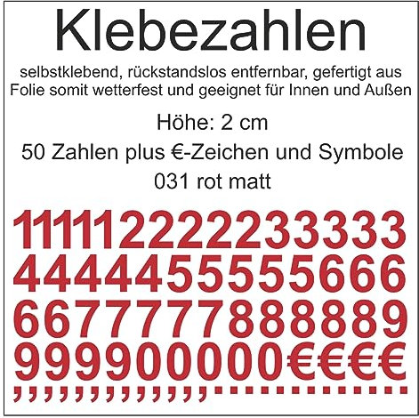 Generisch Aufkleber Sticker Klebezahlen, 50 Stück, Rot Matt, Höhe 2 cm, Selbstklebend, Wetterfest, Vinyl, Einfarbig, Outdoor, Sticker, Aufkleber