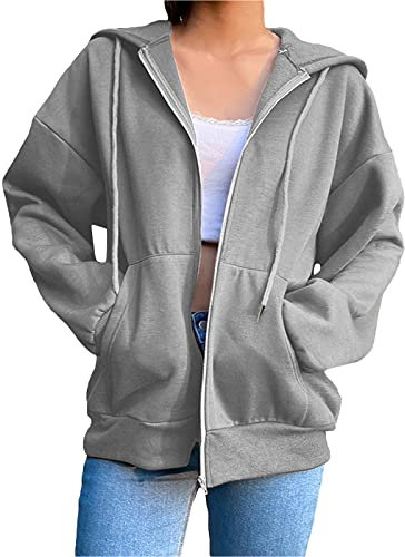 Carolilly Felpa con Cappuccio da Donna Manica Lunga a Tinta Unita Felpa Larga con Zip Casual Ragazza per Autunno Primavera (Grigio, L)