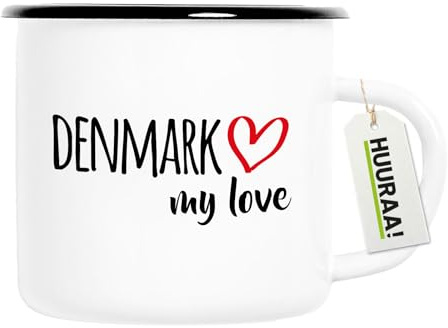 Huuraa Emaille Tasse Denmark my love Geschenk | 300ml Becher Weiß mit Schwarzem Rand Vintage Campingbecher Geschenkidee Kaffeetasse als Wohnwagen Zubehör Campingtasse