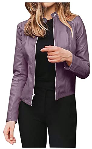 L9WEI Chaqueta de cuero para mujer, moda para mujer, chaqueta delgada, informal, manga larga, abrigo corto, básico, bomber