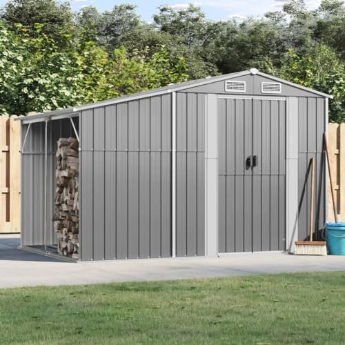 Gecheer Gerätehaus, Gartenhaus mit Schrägdach Griffe, Gartenschuppen Schuppen, Geräteschuppen Metallschuppen, Grau 277x192,5x179 cm Verzinkter Stahl