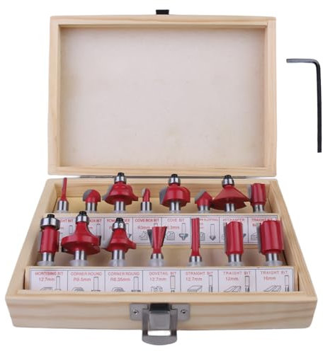 YIDM Lot de 15 fraises professionnelles pour défonceuse à tige de 8 mm, outils de travail du bois avec clé à molette, accessoires pour bois avec mallette de rangement