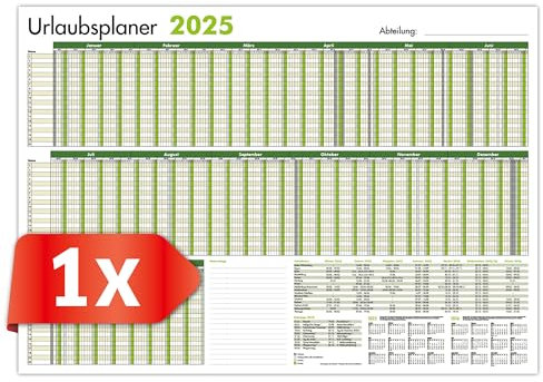 PRIMUS PRINT - Mitarbeiter Urlaubsplaner - Wandkalender 2025 - Monatskalender - A1-594x841mm - bis zu 20 Mitarbeiter - Urlaubskalender - inklusive Feiertagen - diverse Ausführungen [1x Gerollt Grün]