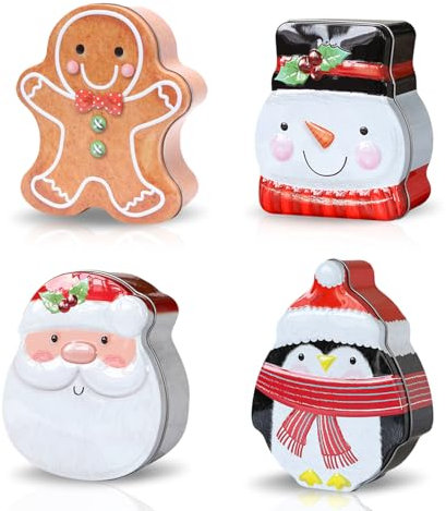 Lezevn 4pcs Xmas Tin Box Metal Cookie Tin Box with Lid Card Holder Tin Boxes Christmas Cookie Tins for Storing Candies Biscuits Treat Small Gift and More