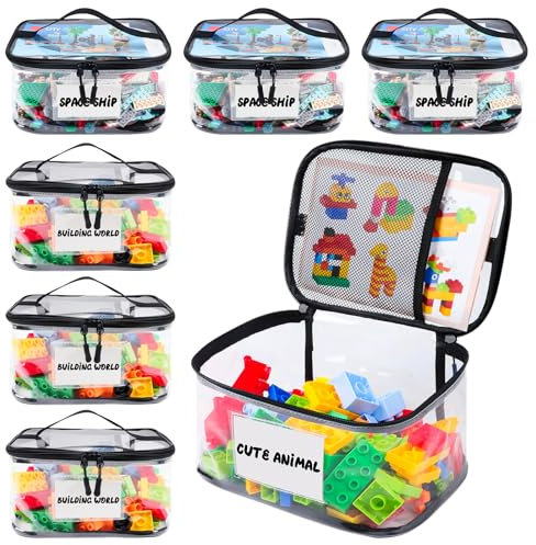 Tesuko Juego de 6 bolsas de almacenamiento para juguetes Lego - Bolsa portátil transparente con cremallera con etiqueta de nombre y bolsillo manual, color negro