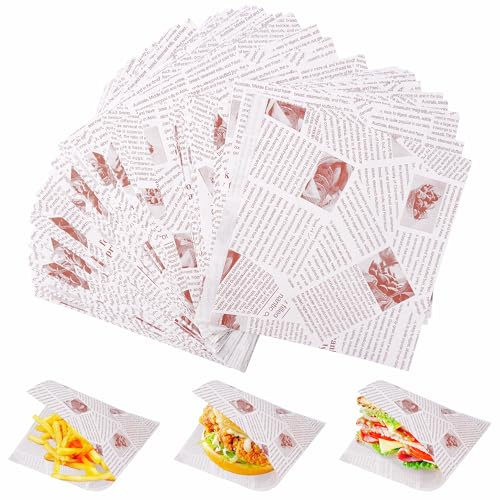 GXFCING 200 Stück Burger Papier Zeitungsoptik 18 x 18 cm Burger Tüten Sandwich Tüten Snacktaschen Deli Papierblätter Wrap Papier für Korb Snack Sandwich Burger Pommes Frites (Weiß)