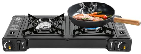 Tragbarer Campingkocher Gaskocher 2-flammig mit 1 Grill Tray Gaskochfeld Tragbarer mit Storage Case für Outdoor und Innenraum camping traveling hiking picnics patio barbecue parties Schwarz