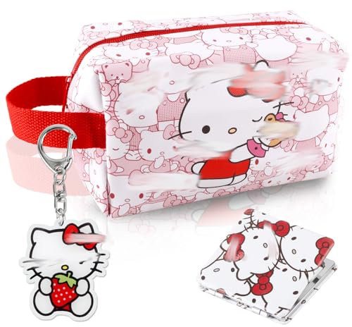 Kosmetiktasche, Kity Makeup Tasche, Cartoon Kosmetiktäschchen für Handtasche mit Schlüsselanhänger Kosmetikspiegel, Kosmetiktasche Kinder Mädchen Jungen