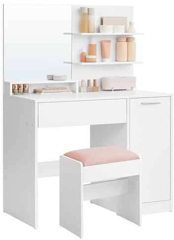 VASAGLE Kailyn Kollektion - Schminktisch mit Hocker, Frisiertisch mit Spiegel, Kosmetiktisch, Schublade und offene Ablagen, Schrank mit 2 verstellbaren Ablagen, weiß RDT719W01