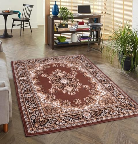 Lord of Rugs Lancashire Traditional Rug for Living Room, Bedroom, Hallways Lounge Classic Carpet Floral Bordered Medallion Oriental Rug Chocolate Brown, X-Large 200x290 cm (6'7x9'6)