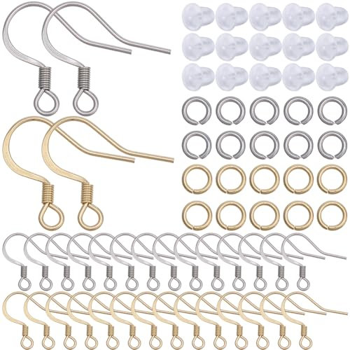 SUNNYCLUE 1 Box 200Pcs Earring Wire Hook French Ear Hooks Bulk Real 18K Gold Plated Stainless Steel Silver Metal Round Ball Fish Hook with Jump Rings Ear Nuts for Jewellery Making Earrings DIY Crafts
