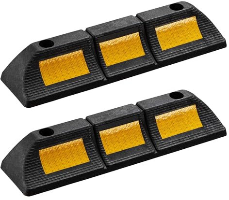 Wiltec Radstopper 47,5 x 12 x 8 cm, 2x Einparkhilfe aus Gummi, Parkplatzbegrenzung mit gelben Reflexionsstreifen & Schraubrillen, Parkplatzsperre für Garage