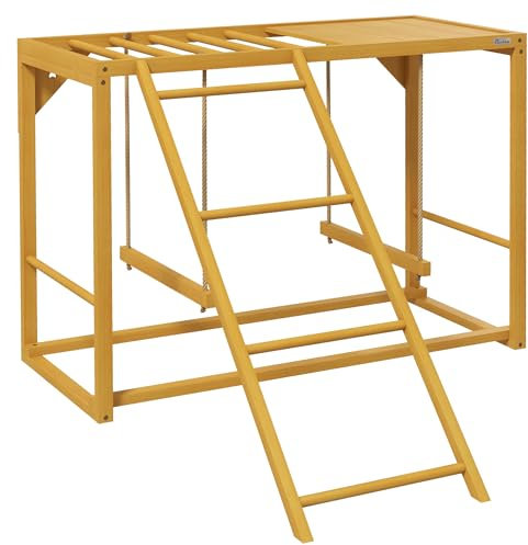 PawHut Hühner-Spielgerüst aus Holz, Spielplatz mit Schaukeln Leiter Plattform Sitzstange Klettergerüst für 3-4 Hühner Naturholz