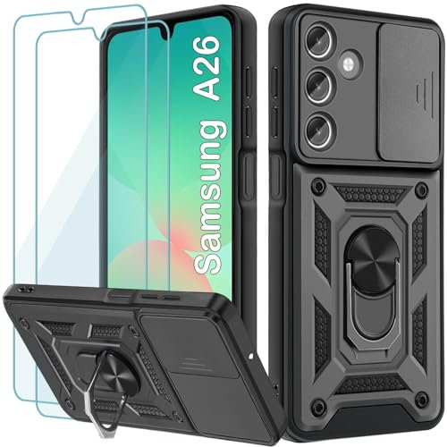 Yohii Funda para Samsung Galaxy A26 5G, con 2 Piezas Vidrio Templado, Armor Carcasa Cubierta De Cámara Deslizante, 360 Anillo Soporte PC y Silicona TPU Bumper Antigolpes Case, Negro