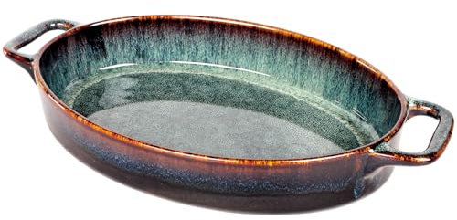 jinsongdafa Ceramic 38.5 CM Casserole Baking Dish with Handles, (1.6 L) Oval Gold Au Gratin Dishes, Lasagna Pan Bakeware, Food Preserve Tray, Catering Casserole Dish for Party Style