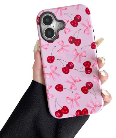 DEFBSC Case for iPhone 16, Cute Pink Bow Cherry Print Aesthetic Trendy Pattern for Women Girls Slim Durable Bumper Shockproof Hybrid Hard Back Phone Cover, Big Ribbon/Glossy