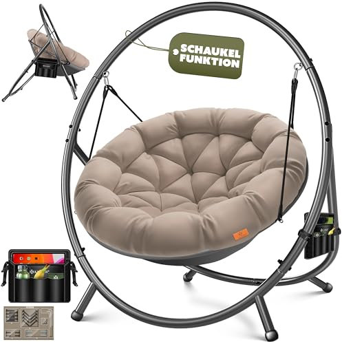 KESSER® Hängesessel mit Gestell Bali Hängeschaukel Hängestuhl bis 150kg für Indoor und Outdoor + Kissen & Seitentasche Hängekorb Stahlgestell & Schaumstoff Sitzpolster ideal für Wohnzimmer & Garten