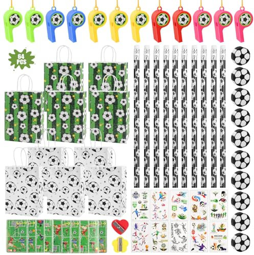 64 Stück Fußball Jungen Kindergeburtstag Fußball Set Fussball Geburtstag FußBaller Party Mitgebsel mit Bleistifte Geschenke Radiergummis Pfeife Fußball Flipperspiele Aufkleber, für Jungen Mädchen
