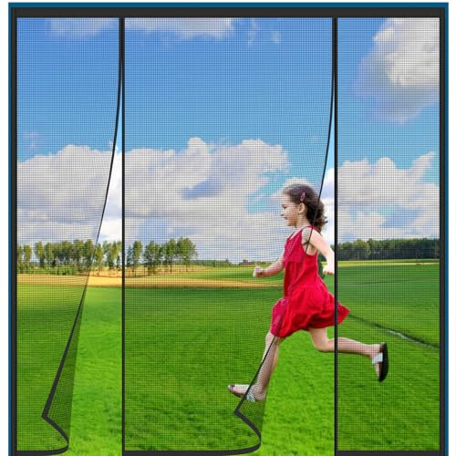 Alwayswhy Magnetic Fly Screen Door, Fly Curtains, Anti Mosquito Polyester Mesh Screen Door with Full Frame Magic Tape and Powerful Magnets for Keep Insects Out, Pure Black, 120(30/60/30) x190cm