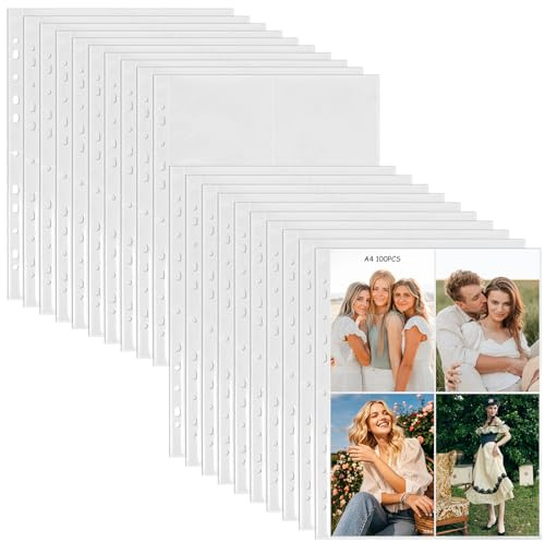 GOMETY 100 Stück Transparent Postkartenhüllen DIN A4, 800 Doppelseitig Fotohüllen mit 4 Taschen, Klarsichthüllen a4, Seitenschutz für Familien, Hochzeitsfotos (10.5 x 15.2 cm)