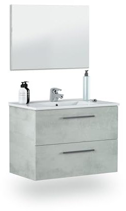 duehome | Mueble de Baño con Dos Cajones y Espejo, Modulo Lavabo, Modelo Osvak, Acabado en Gris Cemento, Medidas 80 cm (Ancho) x 57 cm (Alto) x 45 cm (Fondo)