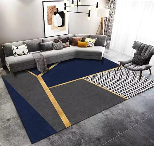 Cooiiye Teppich 160x230cm Blau Grau Golden Moderner Großer Teppich,Teppichs Wohnzimmer Waschbarer, rutschfest Easy Clean teppichs für Schlafzimmer, Balkon, Auch, KüChe oder Esszimmer Geeignet