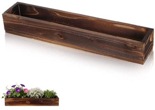 Kisangel Wooden Rectangular Planter Box, 50x9.2cm Rustic Window Flower Boxes Carbonized Succulent Pot for Planter Balcony Garden Indoor Outdoor