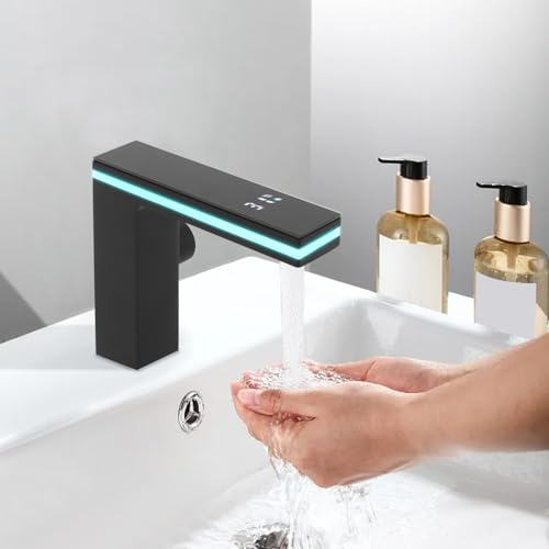 Mischbatterie Wasserhahn Bad Einhebel-Waschtischarmatur, Moderne Waschbecken Armatur Badezimmer mit LED-Temperaturanzeige und Beleuchtung (Schwarz)
