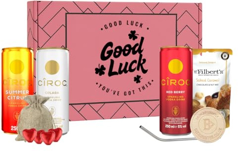 Ciroc Good Luck Gift Set – 3 x 250ml Ciroc Cans, Chocolate Hearts - Mr Filberts Snacks | Cocktail Gift Box | Alcohol Gift for Him or Her